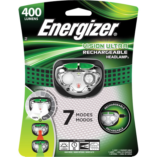 Lampe frontale Vision Ultra, DEL, 400 lumens, 4 hres de fonctionnement, piles Rechargeable Superchem Industries