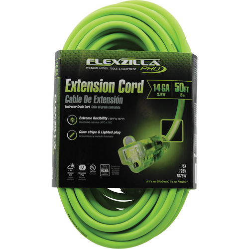 Flexzilla&reg; Pro Industrial Extension Cord, All-Weather, SJTW, 14/3 AWG, 15 A, 50' Superchem Industries