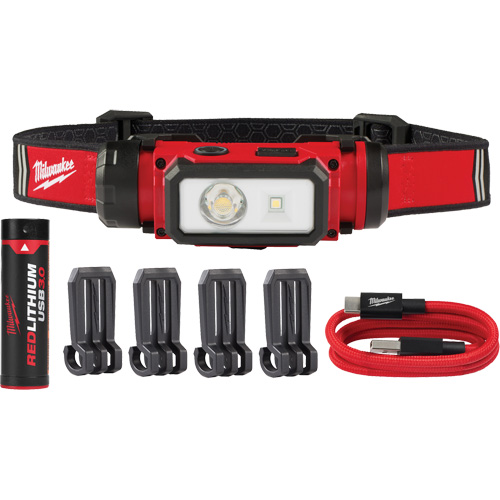 REDLITHIUM USB Hardhat Headlamp, LED, 600 Lumens, 5 Hrs. Run Time, Rechargeable Batteries Superchem Industries