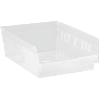 Shelf Bins, 8-3/8" W x 4" H x 11-5/8" D, Clear, 30 lbs. Capacity Superchem Industries