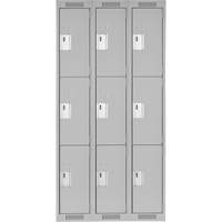 Clean Line Lockers, 3 -tier, Bank of 3, 36" x 18" x 72", Steel, Grey, Rivet (Assembled) Superchem Industries