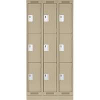 Clean Line Lockers, 3 -tier, Bank of 3, 36" x 18" x 76", Steel, Beige, Rivet (Assembled) Superchem Industries