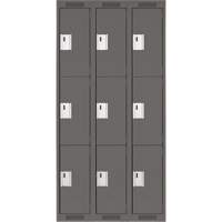 Clean Line Lockers, 3 -tier, Bank of 3, 36" x 18" x 72", Steel, Charcoal, Rivet (Assembled) Superchem Industries