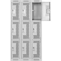 Clean Line Lockers, 3 -tier, Bank of 3, 36" x 12" x 72", Steel, Grey, Rivet (Assembled), Perforated Superchem Industries