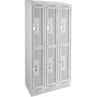 Clean Line Lockers, 2 -tier, Bank of 3, 36" x 12" x 82", Steel, Grey, Rivet (Assembled), Perforated Superchem Industries