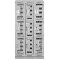 Clean Line Lockers, 3 -tier, Bank of 3, 36" x 15" x 82", Steel, Grey, Rivet (Assembled), Perforated Superchem Industries