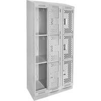 Clean Line Lockers, 3 -tier, Bank of 3, 36" x 15" x 82", Steel, Grey, Rivet (Assembled), Perforated Superchem Industries