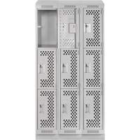Clean Line Lockers, 3 -tier, Bank of 3, 36" x 15" x 82", Steel, Grey, Rivet (Assembled), Perforated Superchem Industries
