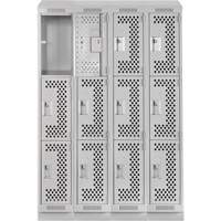 Clean Line Lockers, 3 -tier, Bank of 4, 48" x 15" x 82", Steel, Grey, Rivet (Assembled), Perforated Superchem Industries