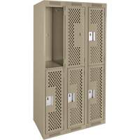 Clean Line Lockers, 2 -tier, Bank of 3, 36" x 12" x 72", Steel, Beige, Rivet (Assembled), Perforated Superchem Industries