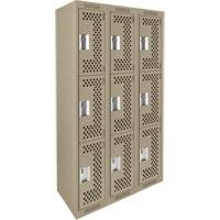 Clean Line Lockers, 3 -tier, Bank of 3, 36" x 12" x 72", Steel, Beige, Rivet (Assembled), Perforated Superchem Industries