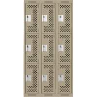 Clean Line Lockers, 3 -tier, Bank of 3, 36" x 12" x 72", Steel, Beige, Rivet (Assembled), Perforated Superchem Industries