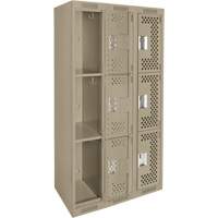 Clean Line Lockers, 3 -tier, Bank of 3, 36" x 12" x 72", Steel, Beige, Rivet (Assembled), Perforated Superchem Industries