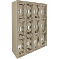 Clean Line Lockers, 3 -tier, Bank of 4, 48" x 12" x 72", Steel, Beige, Rivet (Assembled), Perforated Superchem Industries