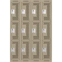 Clean Line Lockers, 3 -tier, Bank of 4, 48" x 12" x 72", Steel, Beige, Rivet (Assembled), Perforated Superchem Industries