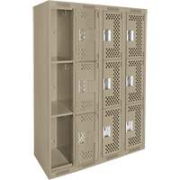 Clean Line Lockers, 3 -tier, Bank of 4, 48" x 12" x 72", Steel, Beige, Rivet (Assembled), Perforated Superchem Industries
