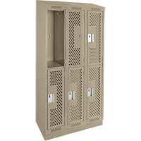 Clean Line Lockers, 2 -tier, Bank of 3, 36" x 12" x 82", Steel, Beige, Rivet (Assembled), Perforated Superchem Industries