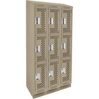 Clean Line Lockers, 3 -tier, Bank of 3, 36" x 15" x 82", Steel, Beige, Rivet (Assembled), Perforated Superchem Industries