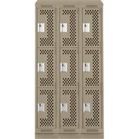 Clean Line Lockers, 3 -tier, Bank of 3, 36" x 15" x 82", Steel, Beige, Rivet (Assembled), Perforated Superchem Industries