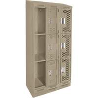 Clean Line Lockers, 3 -tier, Bank of 3, 36" x 15" x 82", Steel, Beige, Rivet (Assembled), Perforated Superchem Industries
