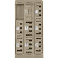 Clean Line Lockers, 3 -tier, Bank of 3, 36" x 15" x 82", Steel, Beige, Rivet (Assembled), Perforated Superchem Industries