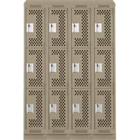 Clean Line Lockers, 3 -tier, Bank of 4, 48" x 15" x 82", Steel, Beige, Rivet (Assembled), Perforated Superchem Industries