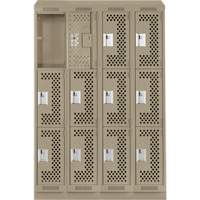 Clean Line Lockers, 3 -tier, Bank of 4, 48" x 15" x 82", Steel, Beige, Rivet (Assembled), Perforated Superchem Industries