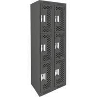 Clean Line Lockers, 3 -tier, Bank of 2, 24" x 12" x 72", Steel, Charcoal, Rivet (Assembled), Perforated Superchem Industries