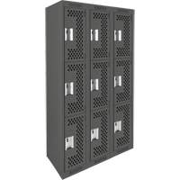 Clean Line Lockers, 3 -tier, Bank of 3, 36" x 12" x 72", Steel, Charcoal, Rivet (Assembled), Perforated Superchem Industries
