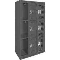 Clean Line Lockers, 3 -tier, Bank of 3, 36" x 12" x 72", Steel, Charcoal, Rivet (Assembled), Perforated Superchem Industries