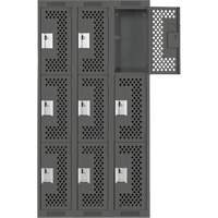 Clean Line Lockers, 3 -tier, Bank of 3, 36" x 12" x 72", Steel, Charcoal, Rivet (Assembled), Perforated Superchem Industries