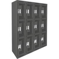 Clean Line Lockers, 3 -tier, Bank of 4, 48" x 12" x 72", Steel, Charcoal, Rivet (Assembled), Perforated Superchem Industries
