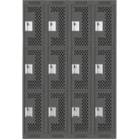 Clean Line Lockers, 3 -tier, Bank of 4, 48" x 12" x 72", Steel, Charcoal, Rivet (Assembled), Perforated Superchem Industries