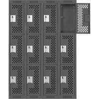 Clean Line Lockers, 3 -tier, Bank of 4, 48" x 12" x 72", Steel, Charcoal, Rivet (Assembled), Perforated Superchem Industries