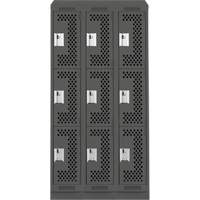 Clean Line Lockers, 3 -tier, Bank of 3, 36" x 15" x 82", Steel, Charcoal, Rivet (Assembled), Perforated Superchem Industries