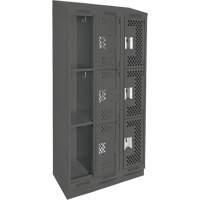 Clean Line Lockers, 3 -tier, Bank of 3, 36" x 15" x 82", Steel, Charcoal, Rivet (Assembled), Perforated Superchem Industries