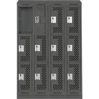 Clean Line Lockers, 3 -tier, Bank of 4, 48" x 15" x 82", Steel, Charcoal, Rivet (Assembled), Perforated Superchem Industries