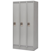 Lockers, Bank of 3, 36" x 18" x 76", Steel, Grey, Knocked Down Superchem Industries