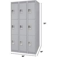 Lockers, 3 -tier, Bank of 3, 36" x 18" x 72", Steel, Grey, Knocked Down Superchem Industries