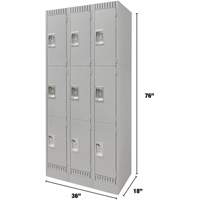 Lockers, 3 -tier, Bank of 3, 36" x 18" x 76", Steel, Grey, Knocked Down Superchem Industries
