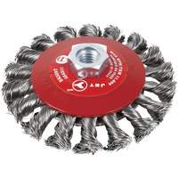 Brosse conique &agrave; fils nou&eacute;s torsad&eacute;s, Dia. 6", Fils 0,02", Arbre 5/8"-11, Acier Superchem Industries