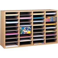 Adjustable Compartment Literature Organizer, Stationary, 36 Slots, Wood, 39-1/4" W x 11-3/4" D x 24" H Superchem Industries