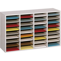 Adjustable Compartment Literature Organizer, Stationary, 36 Slots, Wood, 39-1/4" W x 11-3/4" D x 24" H Superchem Industries