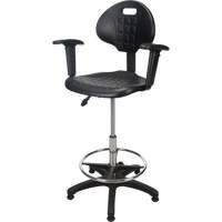 Tabouret ergonomique robuste avec accoudoirs r&eacute;glables, Stationnaire, Ajustable, 39" - 48", Polyur&eacute;thane Si&egrave;ge, Noir Superchem Industries