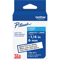 Ruban lamin&eacute; TZe-211 pour &eacute;tiqueteuses P-Touch compatibles avec les rubans TZe, Noir sur blanc, Largeur de 0,23" Superchem Industries