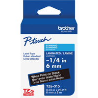 Ruban lamin&eacute; TZe-315 pour &eacute;tiqueteuses P-Touch compatibles avec les rubans TZe, Blanc sur noir, Largeur de 0,23" Superchem Industries