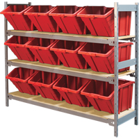 Wide Span Shelving with Jumbo Plastic Bins, Steel, Boltless, 800 lbs. Capacity, 66" W x 60" H x 18" D Superchem Industries
