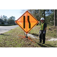 Tilt-Adjust Merge Left Roll-Up Construction Sign, 36" x 36", Vinyl, Pictogram Superchem Industries