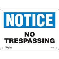 "No Trespassing" Sign, 7" x 10", Plastic, English Superchem Industries