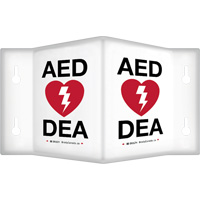 90° Projecting "AED/DEA" Sign, 6" x 5", Plastic, Bilingual with Pictogram Superchem Industries